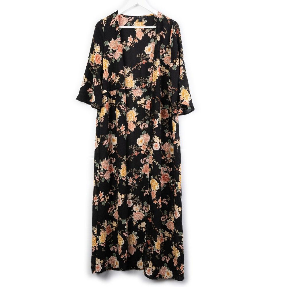 FOREVER 21 Contemporary black floral cardigan full length long kimono size S